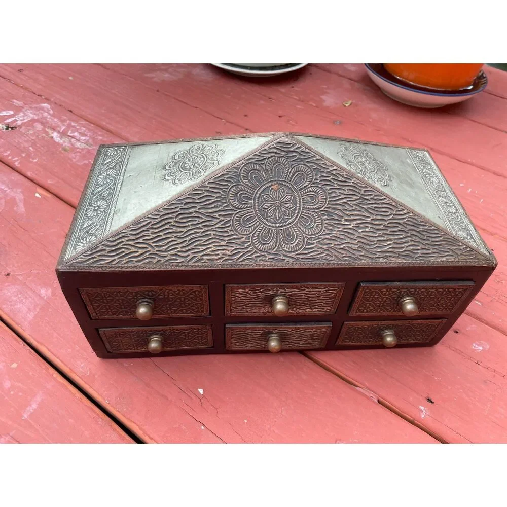 Vintage Boho Jewelry Chest | 6 Drawer Wooden Trinket Box | Rustic Organizer